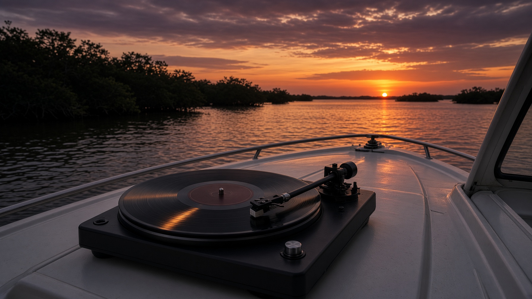 A record player on a bay boat at sunset